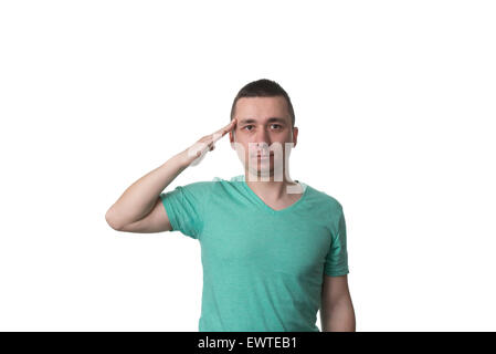 Young Man Saluting Isolated On White Background Stock Photo