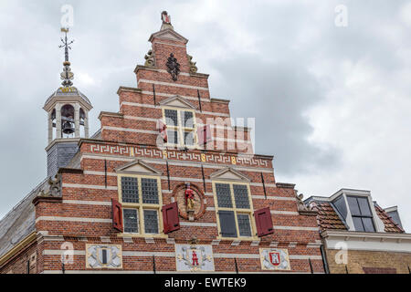 View on the crow-stepped gable and ornate facade of the City Hall ( dating from 1588 ) Oudewater, Utrecht, The Netherlands. Stock Photo