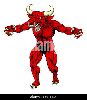 An aggressive tough mean red bull sports mascot character with claws out Stock Photo