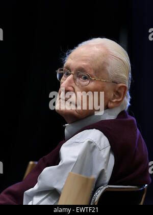 Lueneburg, Germany. 01st July, 2015. Defendant and former German SS officer Oskar Groening, 94, dubbed the 'bookkeeper of Auschwitz', sits in a courtroom in Lueneburg, Germany, 01 July 2015. Groening and a survivor of the Nazi death camp testify in a German court as his historic trial approaches a verdict. Photo: RONNY HARTMANN/dpa/Alamy Live News Stock Photo