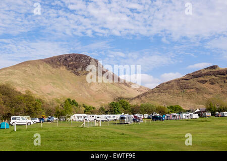 Lochranza campsite by the golf course with hills behind on Isle of Arran, North Ayrshire, Strathclyde, Scotland, UK, Britain Stock Photo