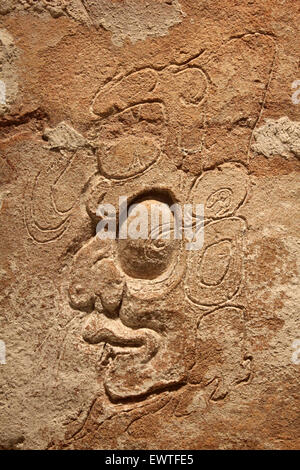 Brick showing The Face Of The Maya Sun God, Comalcalco, Tabasco, Mexico Classic Period AD 250 -900 Stock Photo