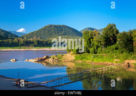 Bamboo bridge across Nam Khan river, Luang Prabang, Laos Stock Photo