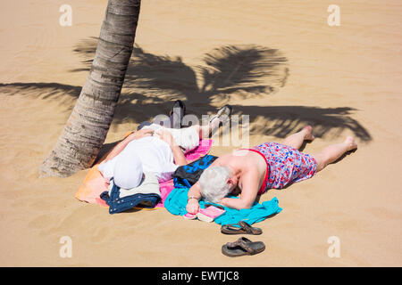 Mature couple under Palm tree on beach Stock Photo