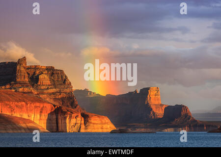 Rainbow over the Padre Bay, from Cookie Jar Butte. Lake Powell, Utah, USA Stock Photo