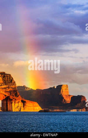 Rainbow over the Padre Bay, from Cookie Jar Butte. Lake Powell, Utah, USA Stock Photo