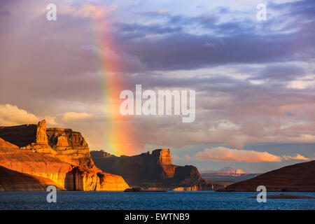 Rainbow over the Padre Bay, from Cookie Jar Butte. Lake Powell, Utah, USA Stock Photo