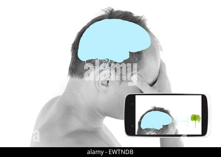 The future of medicine diagnostics. Diagnostics on your smartphone. Handsome guy touching head with brain illustration. Stock Photo