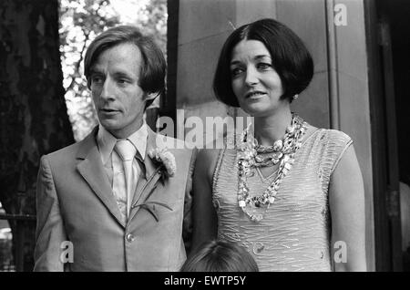 Maxime de la Falaise, weds John McKendry, Curator of Prints at the Metropolitan Museum in New York, pictured at Chelsea Register Office, London, 6th July 1967. The wedding was attended by her daughter Louise de la Falaise (not pictured). Stock Photo