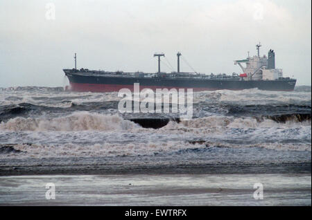 The tanker Freja Svea, which ran aground at Redcar, North Yorkshire. 28th February 1993. Stock Photo