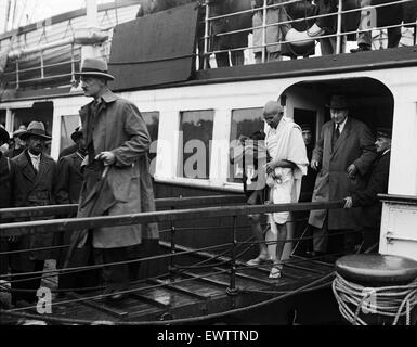 Mohandas 'Mahatma' Gandhi, leader of the  Indian independence movement in British-ruled India, pictured during his visit to Britain in 1931. Here he is pictured on his arrival in Folkestone, Kent where he sailed to from France. 12th September 1931. Stock Photo