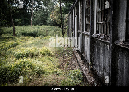 Broken windows on a derelict building Stock Photo