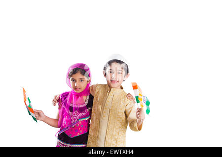 2 indian Muslim Kids Friends enjoy Republic day Stock Photo