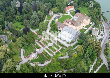 AERIAL VIEW. Castle of Mainau with its palm tree greenhouse and garden. Mainau Island, Lake Constance, Baden-Württemberg, Germany. Stock Photo