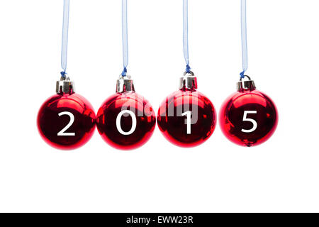 Four red christmas balls with numbers of old year 2015 isolated on white background Stock Photo