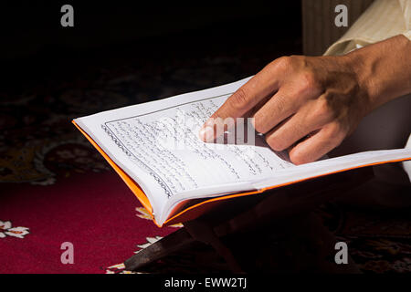 1 indian Muslim man reading Quran book Stock Photo