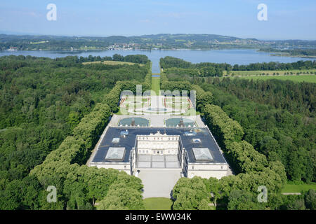 AERIAL VIEW. Herrenchiemsee Palace, one of many residences of King Ludwig II. Herreninsel Island, Lake Chiemsee, Bavaria, Germany. Stock Photo