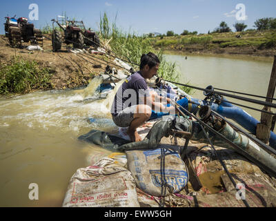 Pa Tan, Lopburi, Thailand. 1st July, 2015. Rice farmers in Lopburi province pump water for their rice out of an irrigation canal. Normally the canal is so full the water flows into their small canal without pumps. One farmer said nobody in their community could remember the canal ever being this low. Central Thailand is contending with drought. By one estimate, about 80 percent of Thailand's agricultural land is in drought like conditions and farmers have been told to stop planting new acreage of rice, the area's principal cash crop. Water in reservoirs are below 10 percent of their capacity, Stock Photo