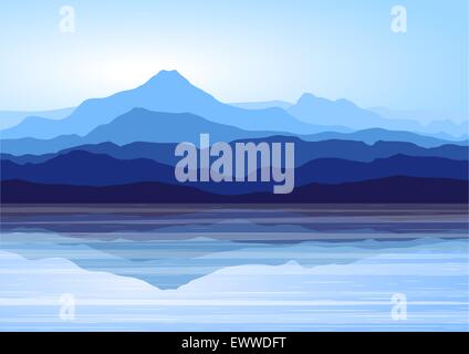 View of blue mountains with reflection in lake Stock Vector