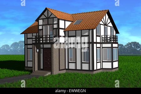 Tudor house 3d beautiful view with green grass meadow and distant trees Stock Photo
