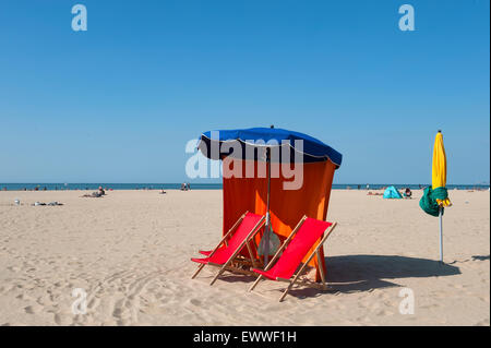 The parasols on the beach at Deauville, Normandy, France. Stock Photo