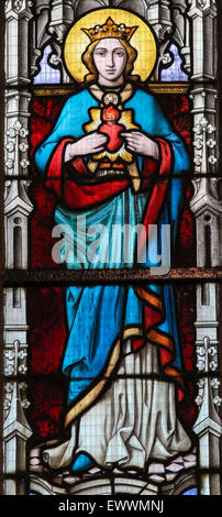 Stained glass window depicting Mother Mary in the Church of Stabroek, Belgium. Stock Photo