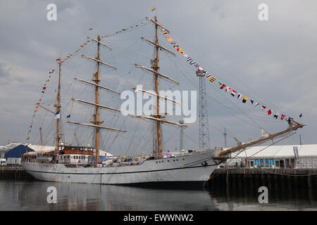 Belfast, UK. 1st July 2015 The Ecuadorian Navy Ship Guayas which was moored in Belfast Pollock Dock in Belfast during the four day Titanic Maritime Festival as part of the Tall Ships round the world races The Guayas is a  three-masted barque styled ship. It was Bilbao, Spain and is named after the river on which the Ecuadorian Naval School is situated Credit:  Bonzo/Alamy Live News Stock Photo