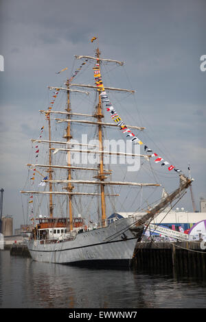 Belfast, UK. 1st July 2015 The Ecuadorian Navy Ship Guayas which was moored in Belfast Pollock Dock in Belfast during the four day Titanic Maritime Festival as part of the Tall Ships round the world races The Guayas is a  three-masted barque styed ship. It was Bilbao, Spain and is named after the river on which the Ecuadorian Naval School is situated Credit:  Bonzo/Alamy Live News Stock Photo