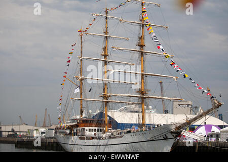 Belfast, UK. 1st July 2015 The Ecuadorian Navy Ship Guayas which was moored in Belfast Pollock Dock in Belfast during the four day Titanic Maritime Festival as part of the Tall Ships round the world races The Guayas is a  three-masted barque styed ship. It was Bilbao, Spain and is named after the river on which the Ecuadorian Naval School is situated.  Credit:  Bonzo/Alamy Live News Stock Photo