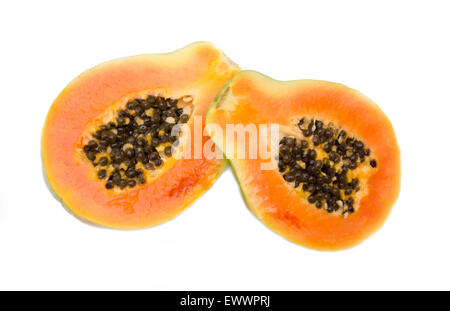 Fresh papaya cut in half on white background top view Stock Photo