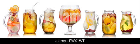 Collection of different summer party drinks in bulk glasses. Pitchers,jugs and jars filled with sangria,spritzers,detox and infu Stock Photo