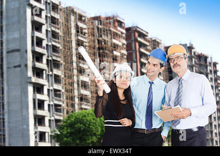 3 indian Architect Construction Site Checking Stock Photo
