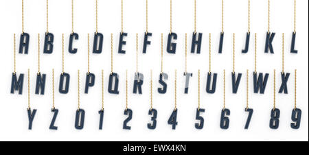 Hanging letters and numbers isolated on white background Stock Photo