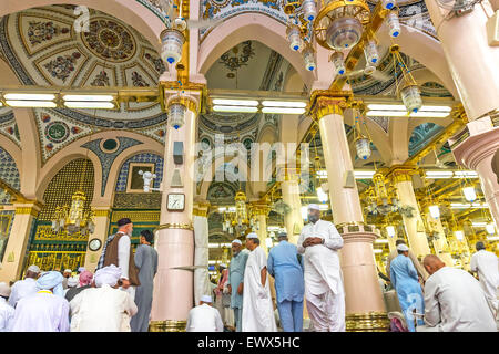 MEDINA-MAR 8 : Interior of Masjid Nabawi March 8, 2015 in Medina, Saudi Arabia. Nabawi Mosque is the second holiest mosque in Is Stock Photo