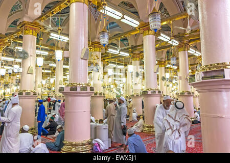 MEDINA-MAR 8 : Interior of Masjid Nabawi March 8, 2015 in Medina, Saudi Arabia. Nabawi Mosque is the second holiest mosque in Is Stock Photo