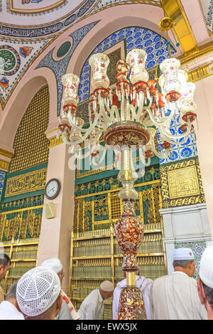 MEDINA-MAR 8 : Interior of Masjid Nabawi March 8, 2015 in Medina, Saudi Arabia. Nabawi Mosque is the second holiest mosque in Is Stock Photo