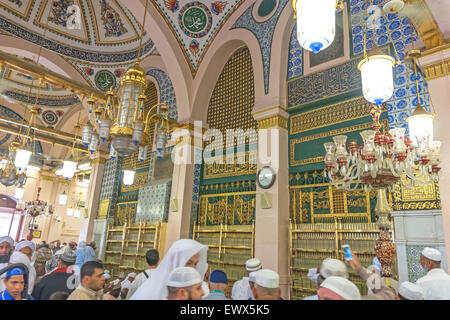 MEDINA-MAR 8 : Interior of Masjid Nabawi March 8, 2015 in Medina, Saudi Arabia. Nabawi Mosque is the second holiest mosque in Is Stock Photo