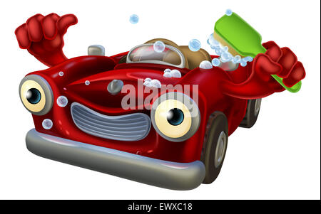 Cartoon car wash character with a happy face giving a thumbs up and scrubbing himself with a brush Stock Photo