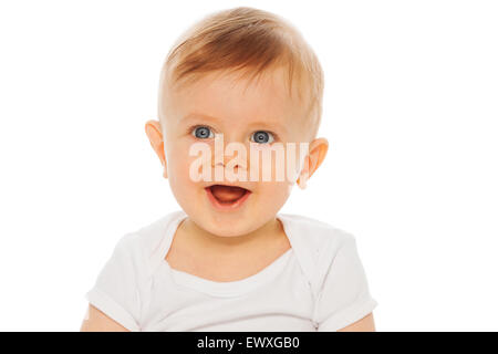 Portrait of nice laughing baby in white bodysuit Stock Photo