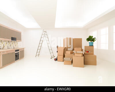 bunch of cardboard boxes stacked in new house. copy space available Stock Photo