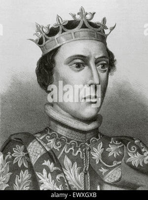 Peter I of Castile (1334-1369) or Peter the Cruel. King of Castile and Leon. Engraving in Spain Illustrated History, 19th century. Stock Photo