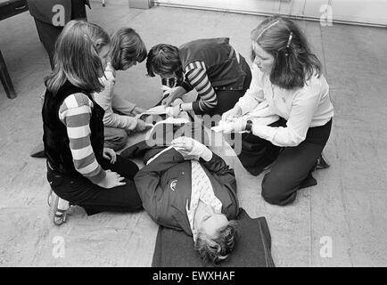 St Johns Ambulance First Aid Training, 10th February 1979. MARSKE nursing cadets, Julie Graham, Kay Browell and Donna Nicholson, are pictured in action during the St Johns Ambulance Associations annual youth first aid competition held at Skinningrove Stee Stock Photo