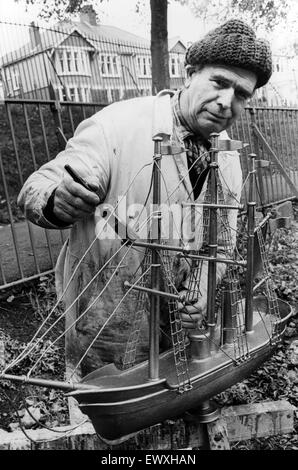 This copper and bronze model of Captain Scott's ship, The Terra Nova is being brightened up before it is replaced on top of the lighthouse memorial at Roath Park, Cardiff. It commemorates his journey to the South Pole from Cardiff in 1910. The model which Stock Photo