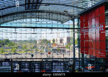 Berlin Hauptbahnhof central railway station from the inside looking out through the glass facade, Germany Stock Photo