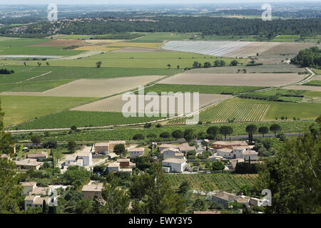 Farmland on the Vaunage plain near to Calvisson, France. The landscape is seen from a vantage point at Roc de Gachone. Stock Photo