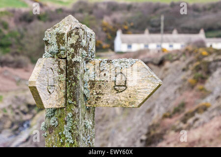 Old signpost/ fingerpost at Trefin village on Pembrokeshire Coast Path, South West Wales. March. The coastal path is a designate Stock Photo