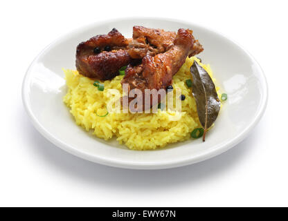 chicken and pork adobo over yellow rice, filipino food Stock Photo