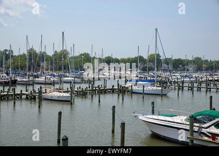 Sailboats with furled sails are docked at the Cambridge, MD marina. Stock Photo