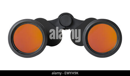 Pair of Black Binoculars with Orange Anti Glare Lens Isolated on White Background. Stock Photo