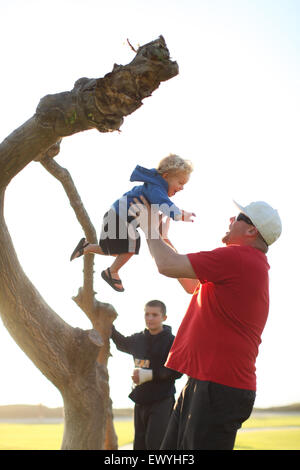 Father catching son jumping off a tree trunk with boy in background Stock Photo